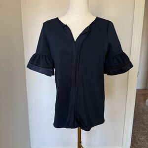 Banana Republic Navy Blue V-neck Fluted Ladder Lace Short Sleeve Women Blouse XS